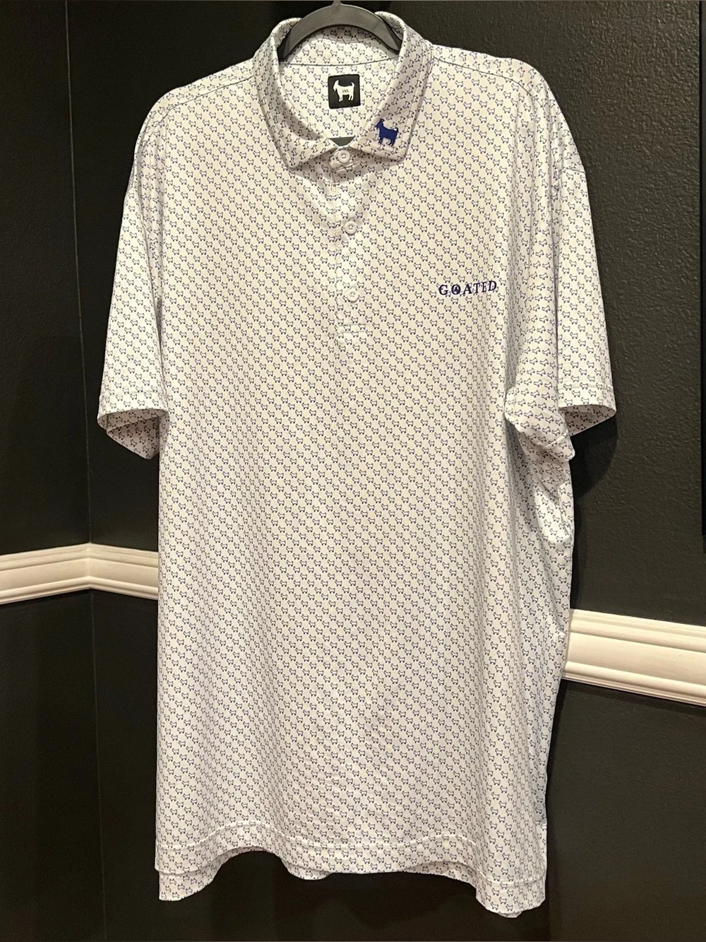 Goated Mens White and Blue All Over Goat Print Short Sleeve Performance Polo 3XL
